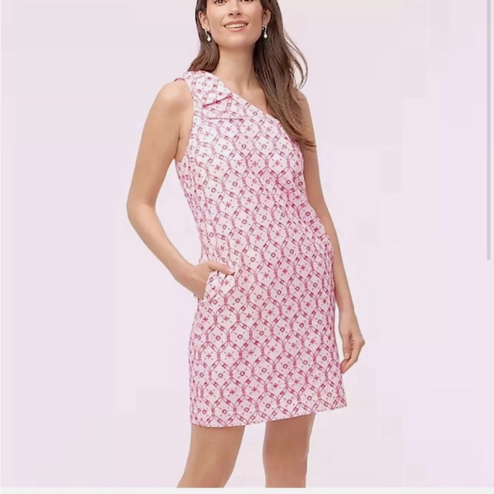 J. Crew Women's Eyelet One-Shoulder Mini Dress Pink Ruffled Asymmetrical 14